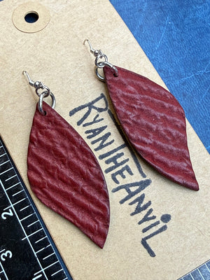 Exotic Leather Earrings: Red Shark Leaf Shaped - Anvil Customs