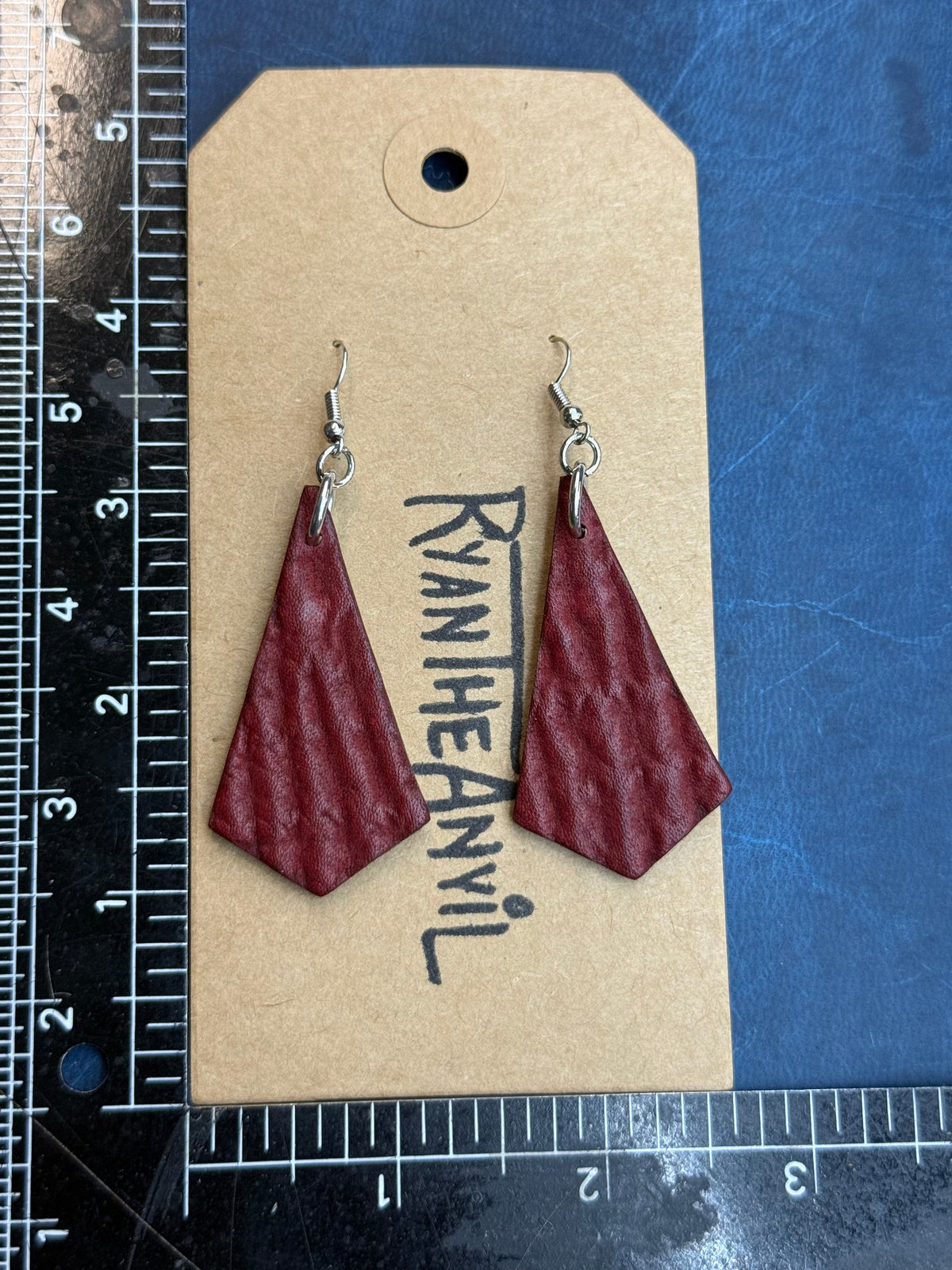 Exotic Leather Earrings: Red Shark Trapezoid