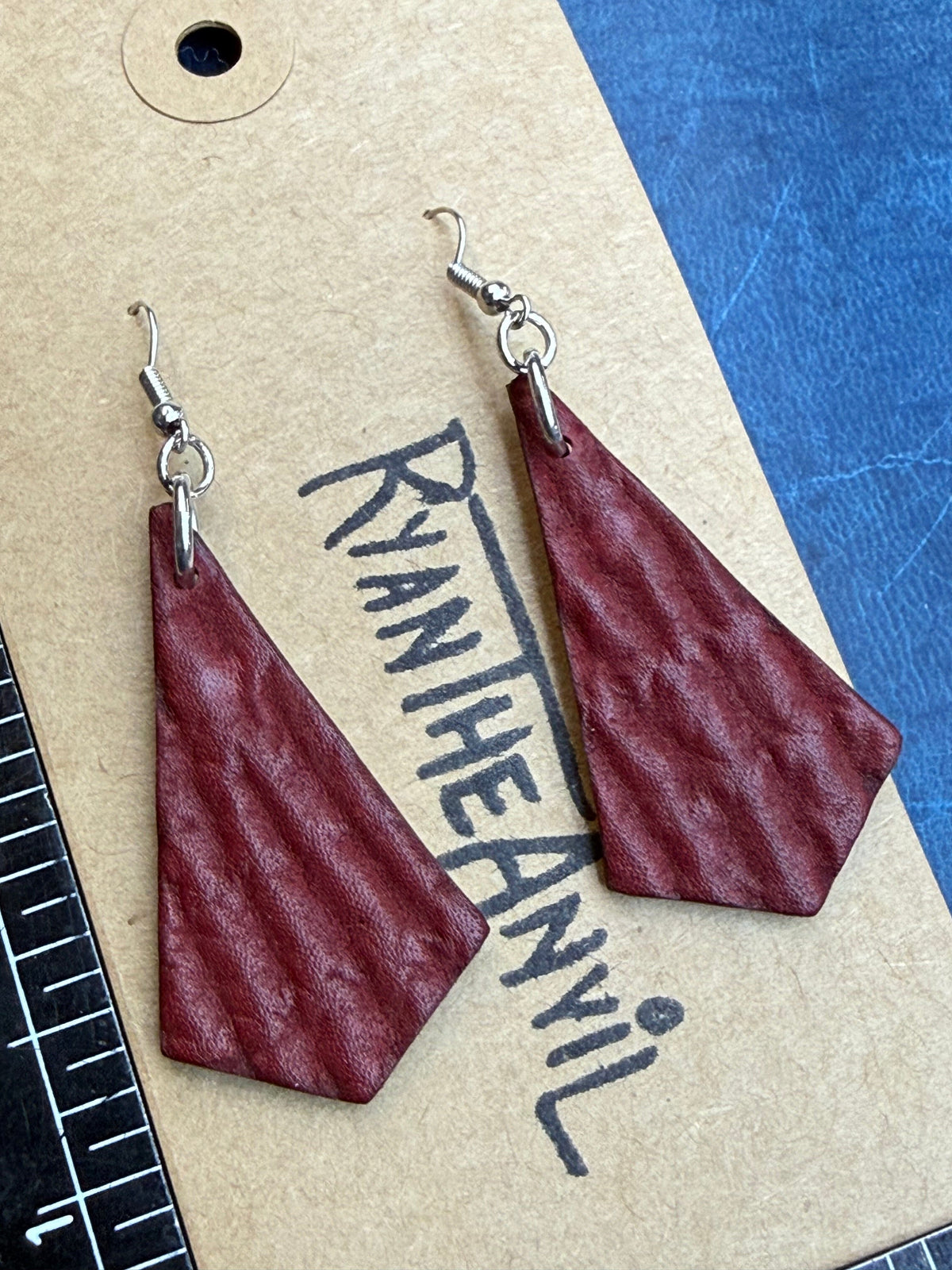 Exotic Leather Earrings: Red Shark Trapezoid