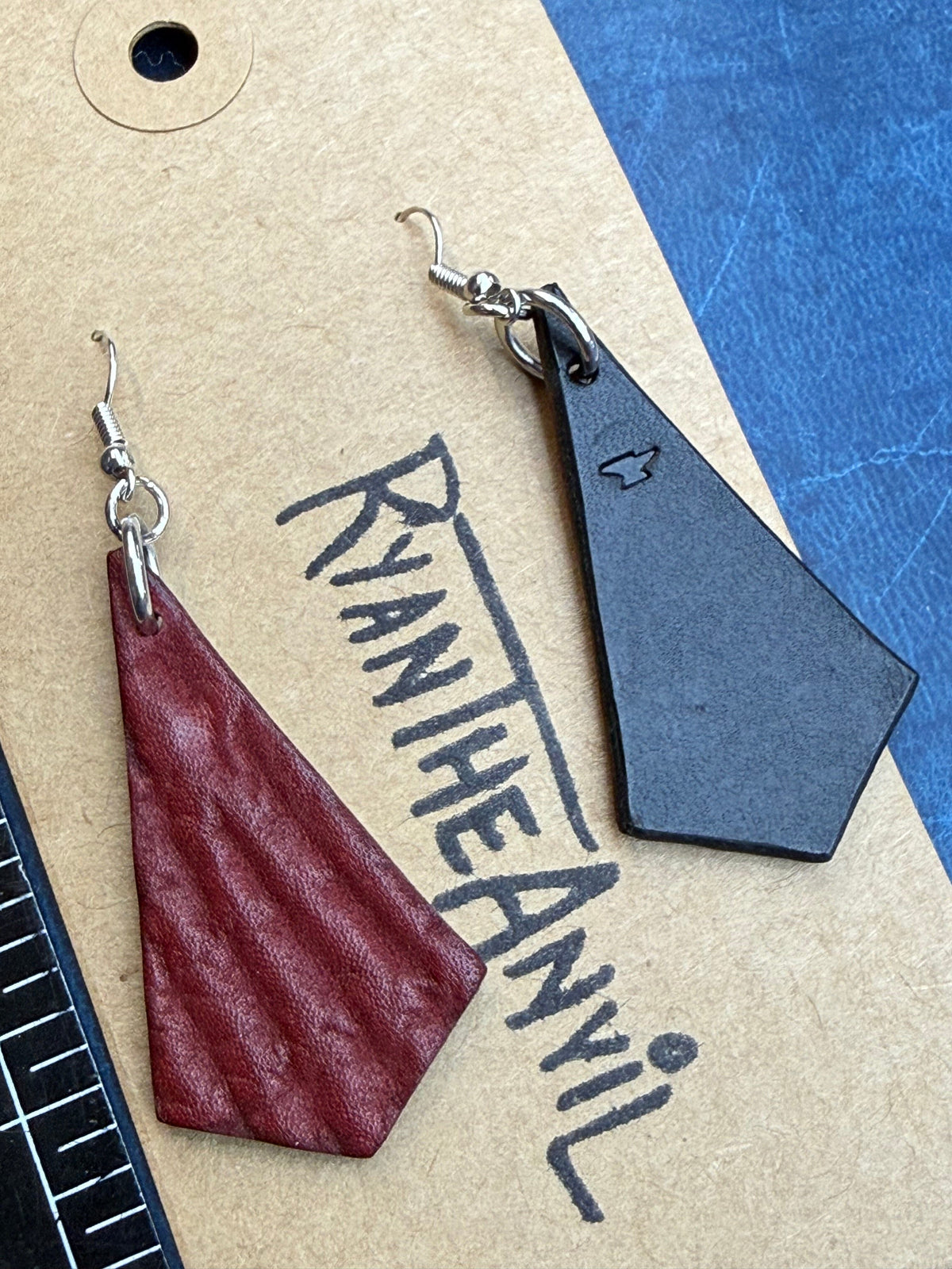 Exotic Leather Earrings: Red Shark Trapezoid