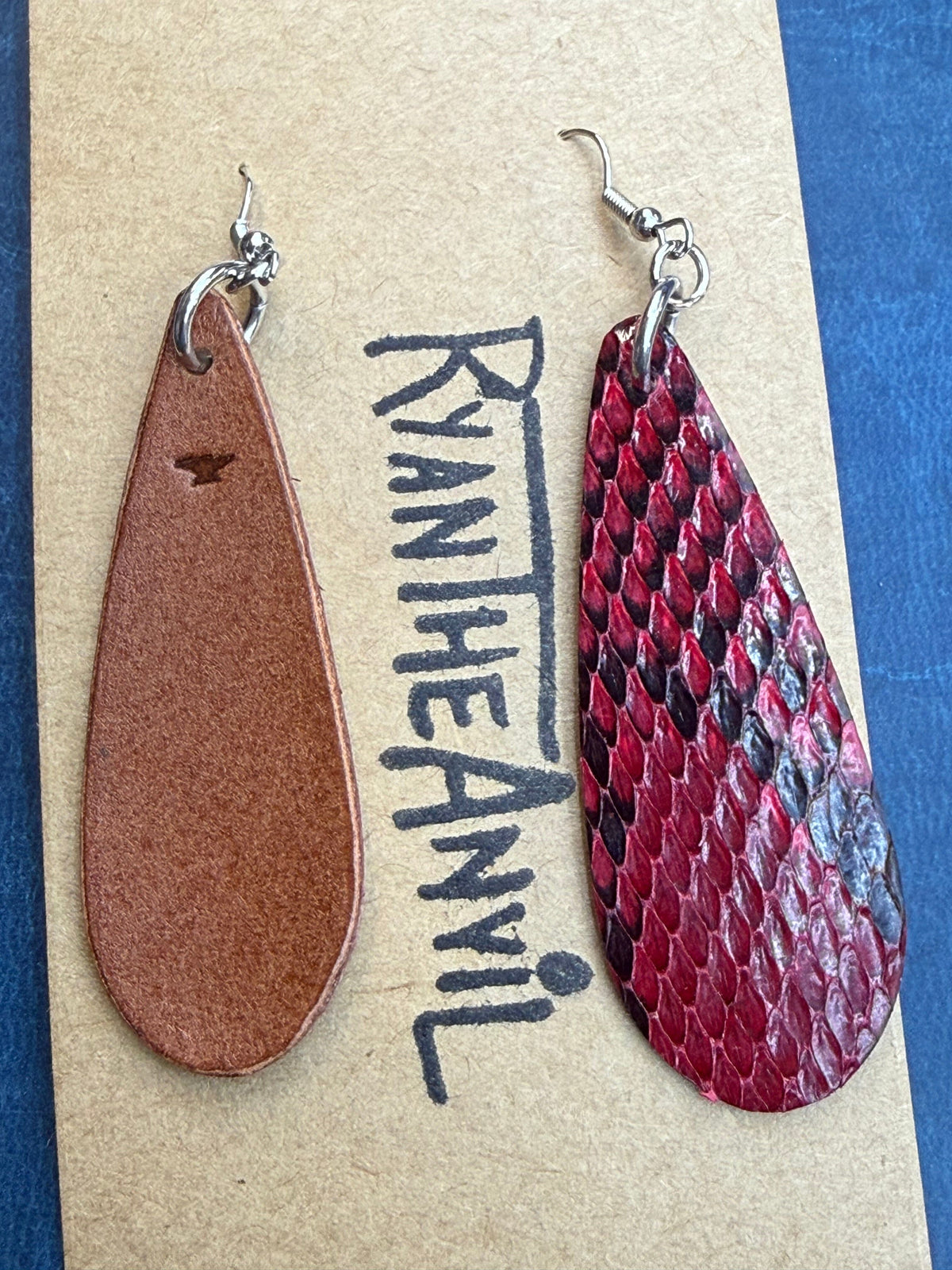 Exotic Leather Earrings: Rose Red Python Teardrop