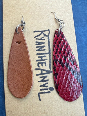 Exotic Leather Earrings: Rose Red Python Teardrop - Anvil Customs