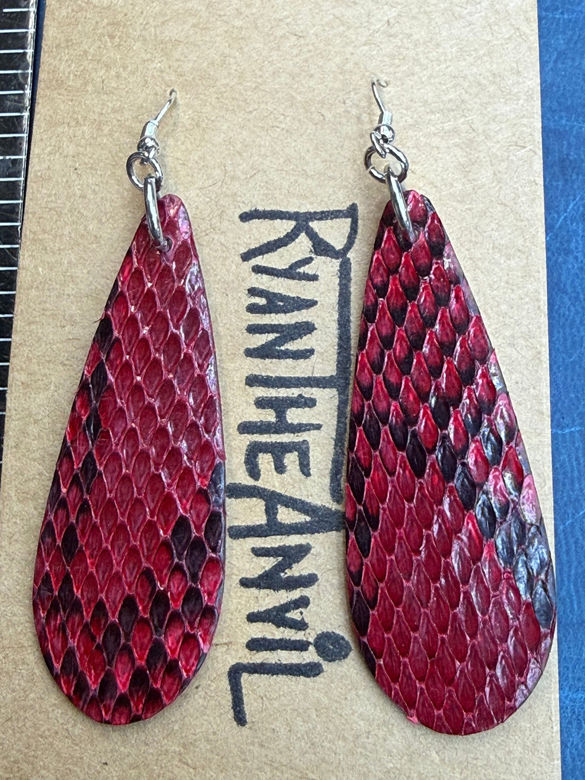 Exotic Leather Earrings: Rose Red Python Teardrop