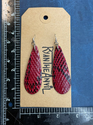 Exotic Leather Earrings: Rose Red Python Teardrop - Anvil Customs