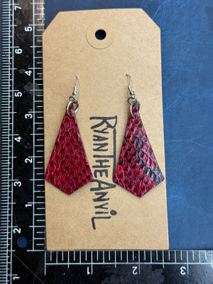Exotic Leather Earrings: Rose Red Python Trapezoid - Anvil Customs