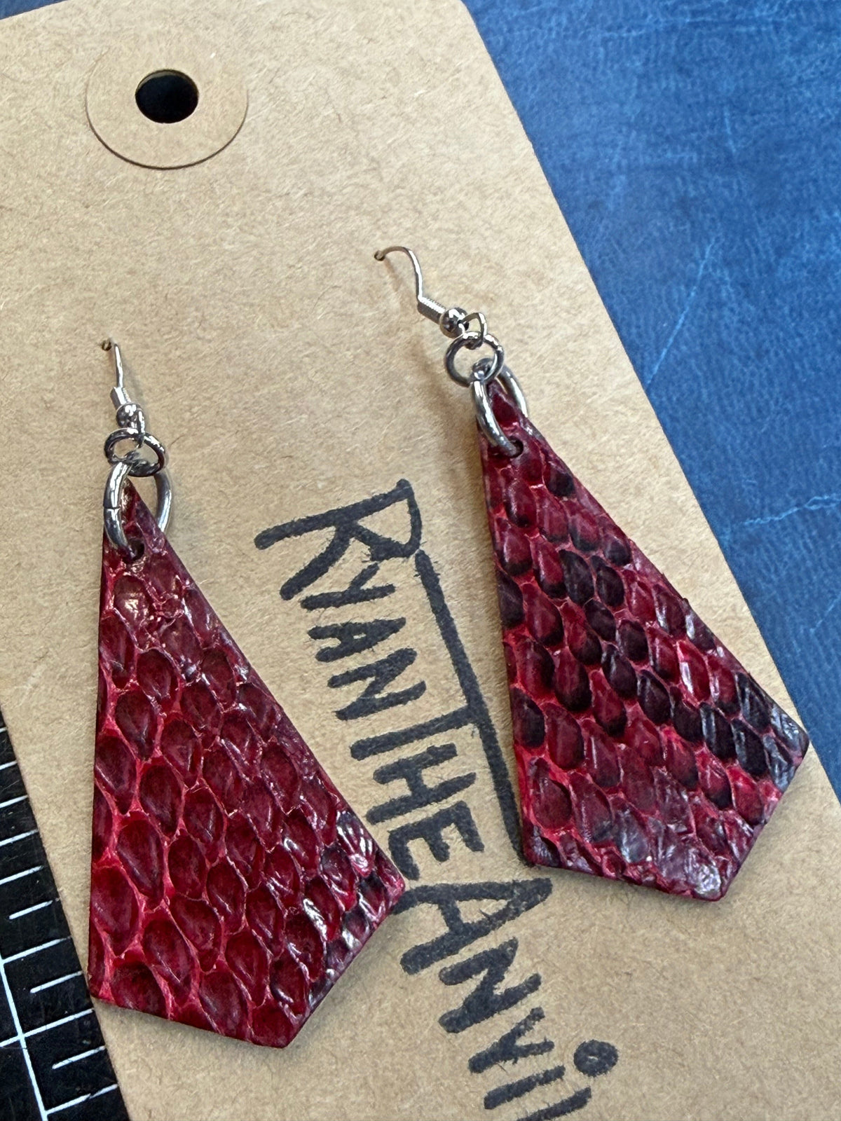 Exotic Leather Earrings: Rose Red Python Trapezoid