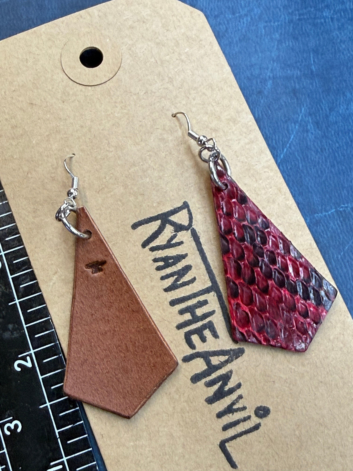 Exotic Leather Earrings: Rose Red Python Trapezoid