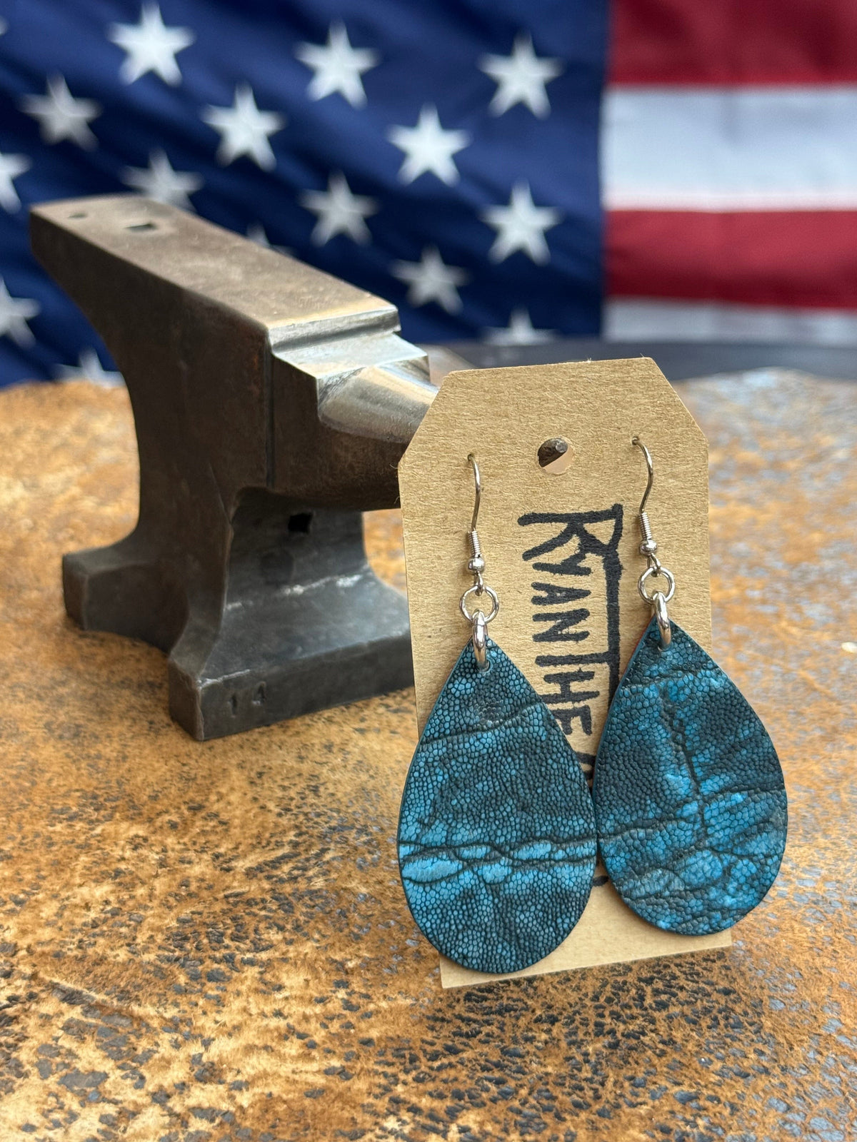 Exotic Leather Earrings: Turquoise Elephant - Anvil Customs