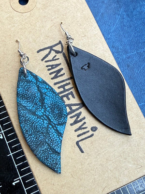 Exotic Leather Earrings: Turquoise Elephant Leaf-Shaped - Anvil Customs