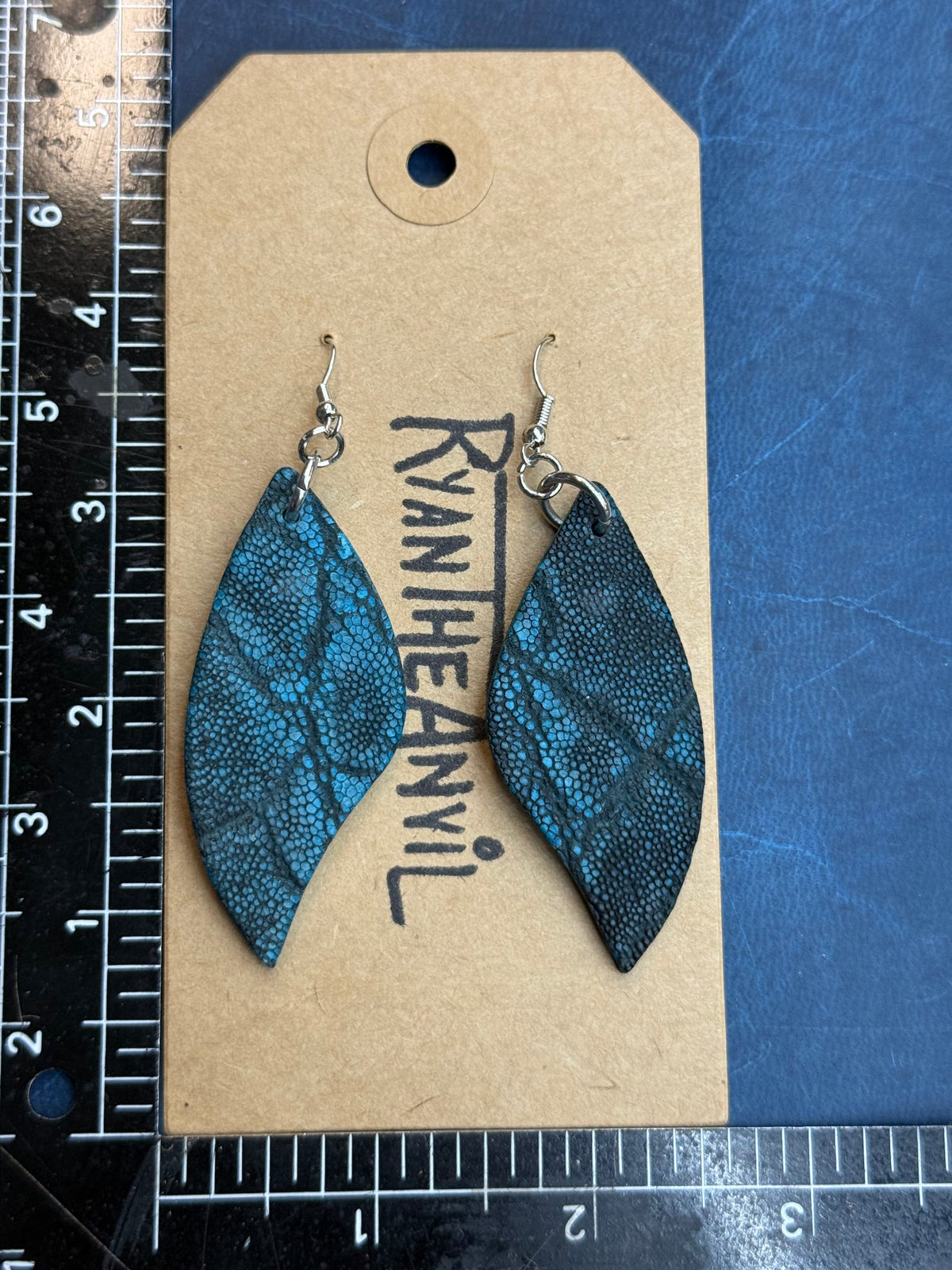 Exotic Leather Earrings: Turquoise Elephant Leaf-Shaped