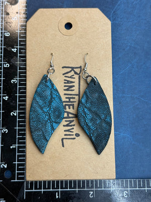 Exotic Leather Earrings: Turquoise Elephant Leaf-Shaped - Anvil Customs