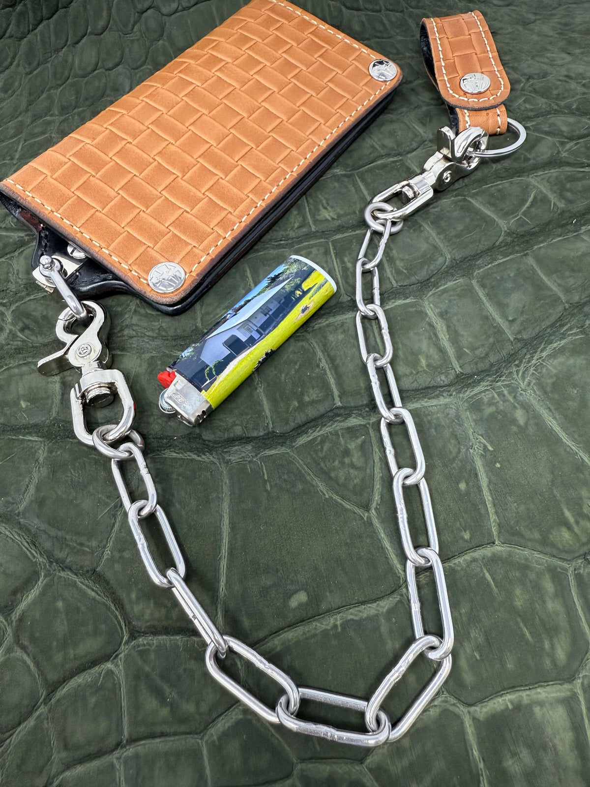 G4 Long Biker Chain Wallet, Chain &amp; Loop Combo Set - Tan Basket Weave