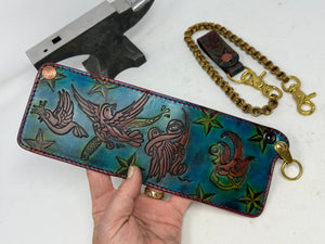 Hand Stained 5G Bifold Leather Chain Wallet - 3 Little Birds