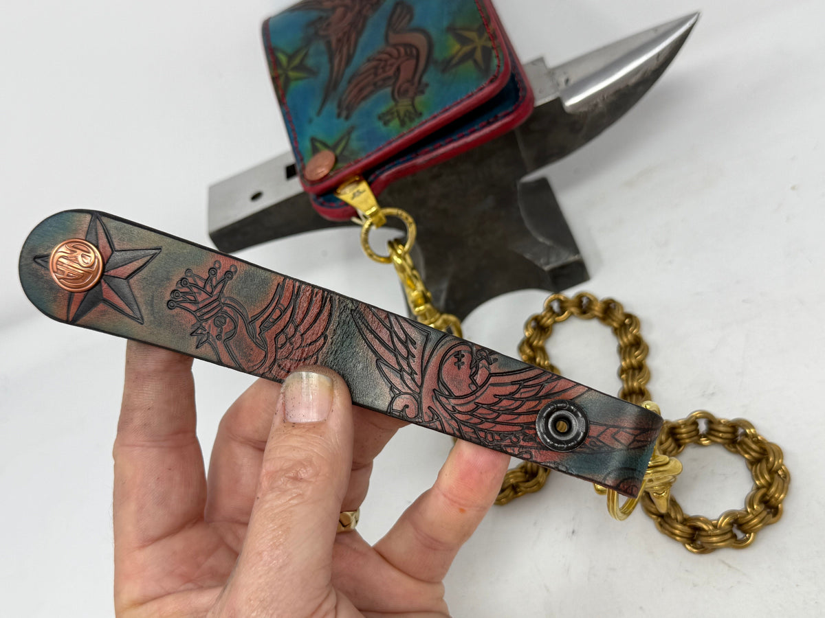 Hand Stained 5G Bifold Leather Chain Wallet - 3 Little Birds