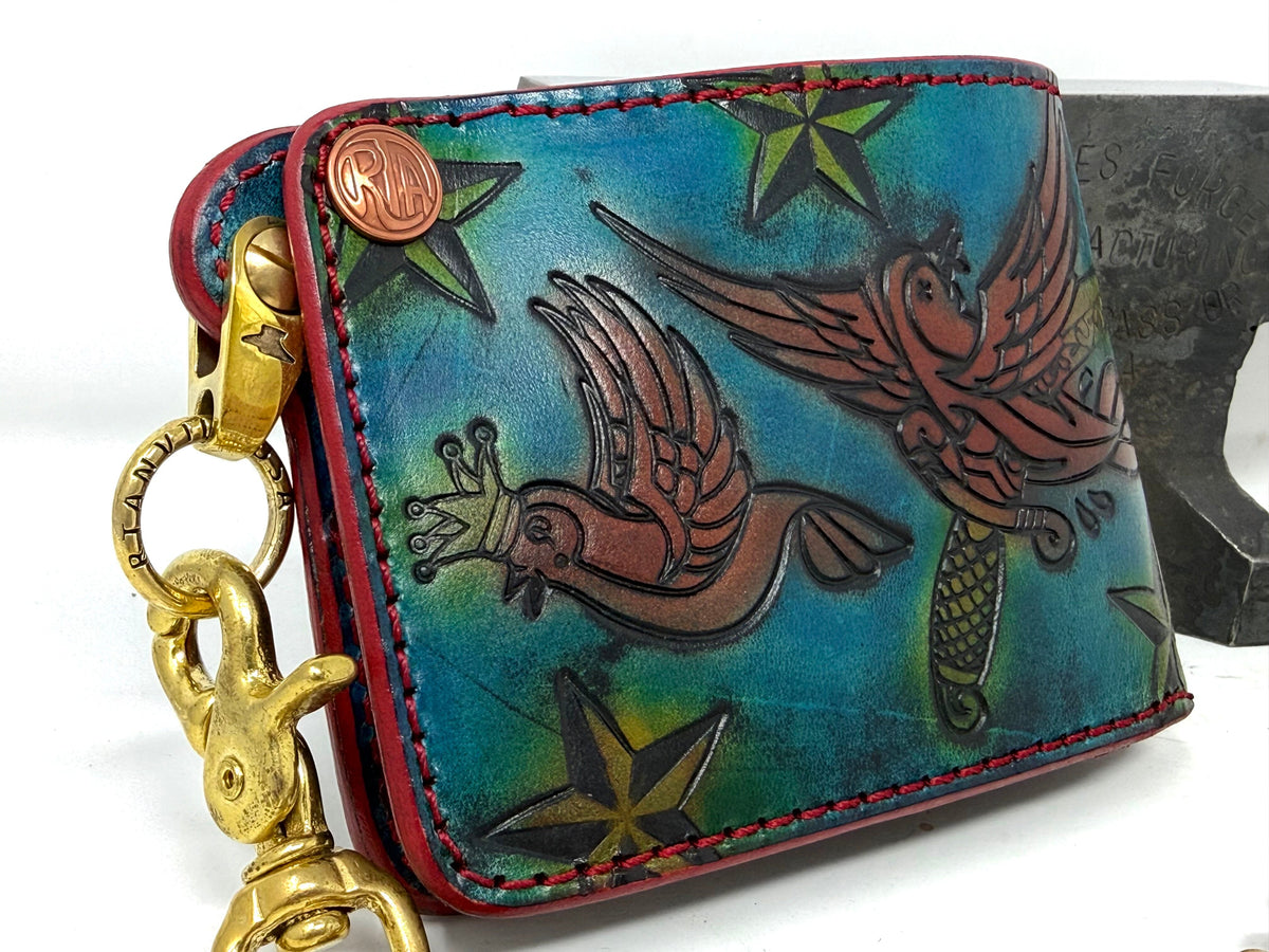 Hand Stained 5G Bifold Leather Chain Wallet - 3 Little Birds