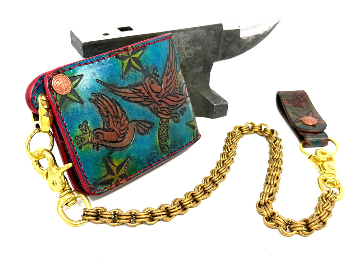 Hand Stained 5G Bifold Leather Chain Wallet - 3 Little Birds