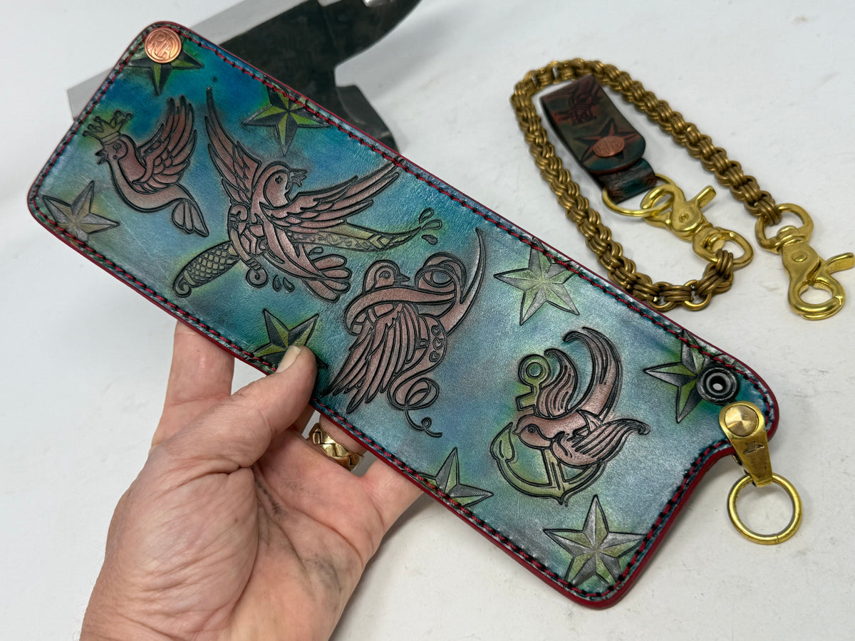 Hand Stained 5G Bifold Leather Chain Wallet - 3 Little Birds
