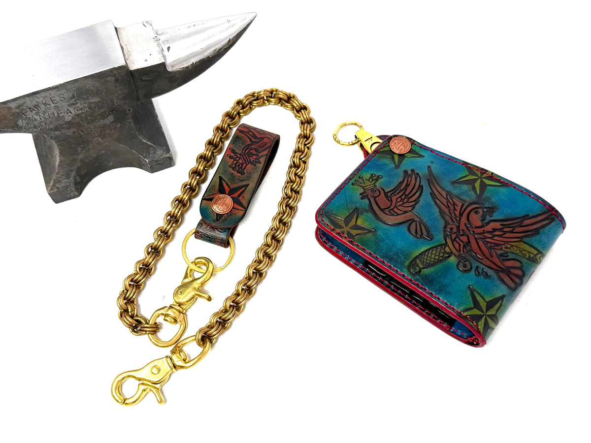 Hand Stained 5G Bifold Leather Chain Wallet - 3 Little Birds
