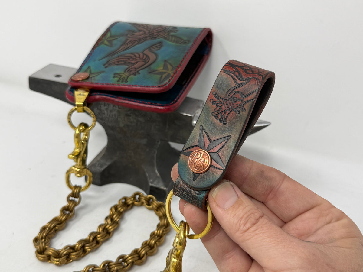 Hand Stained 5G Bifold Leather Chain Wallet - 3 Little Birds