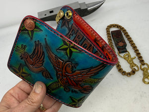 Hand Stained 5G Bifold Leather Chain Wallet - 3 Little Birds