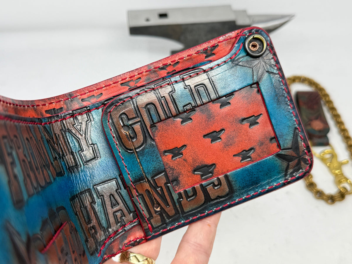 Hand Stained 5G Bifold Leather Chain Wallet - 3 Little Birds