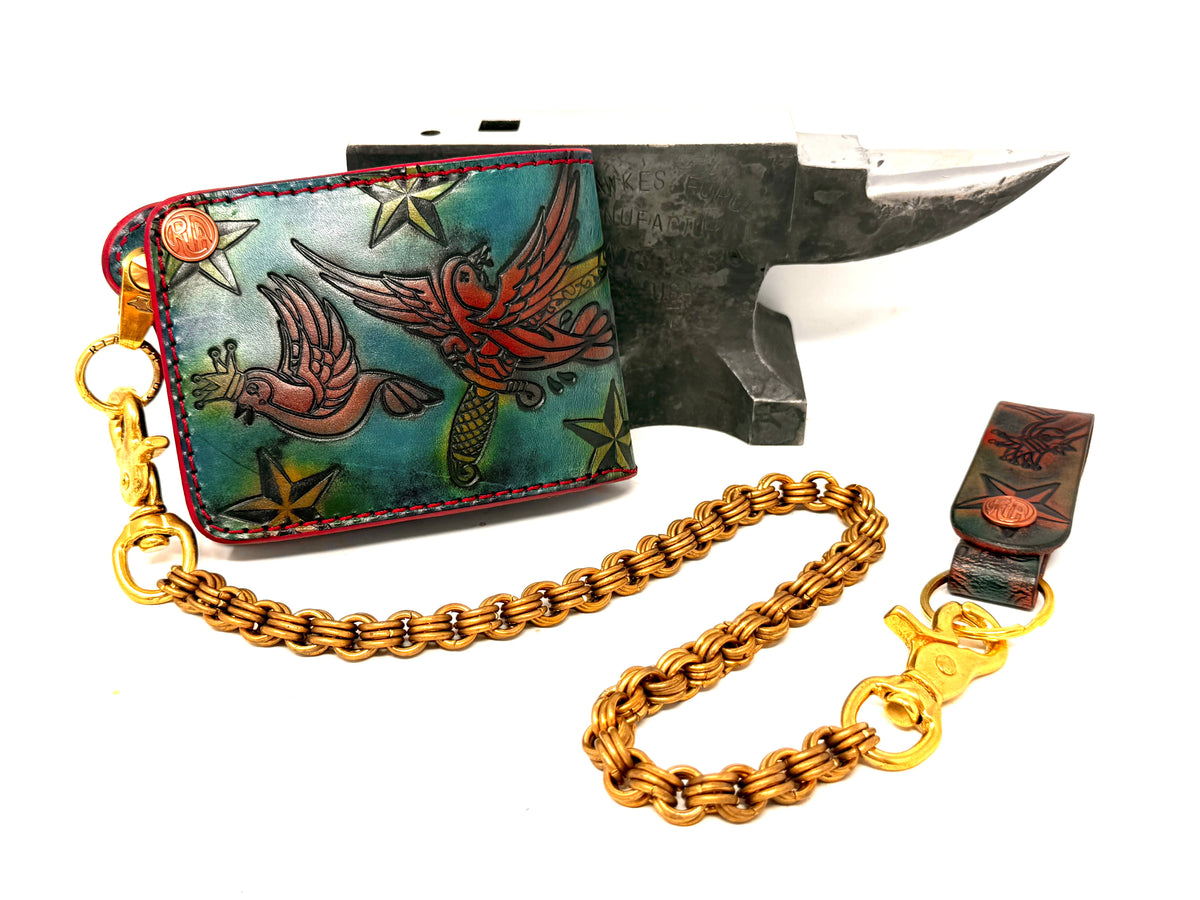 Hand Stained 5G Bifold Leather Chain Wallet - 3 Little Birds