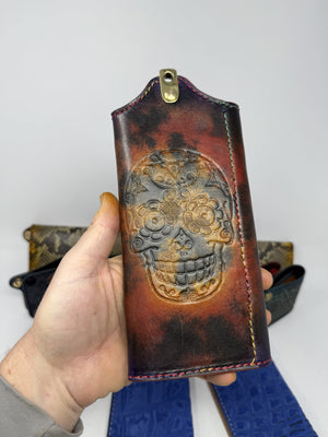 Hand Stained Sugar Skully Trucker Trifold Leather Chain Wallet