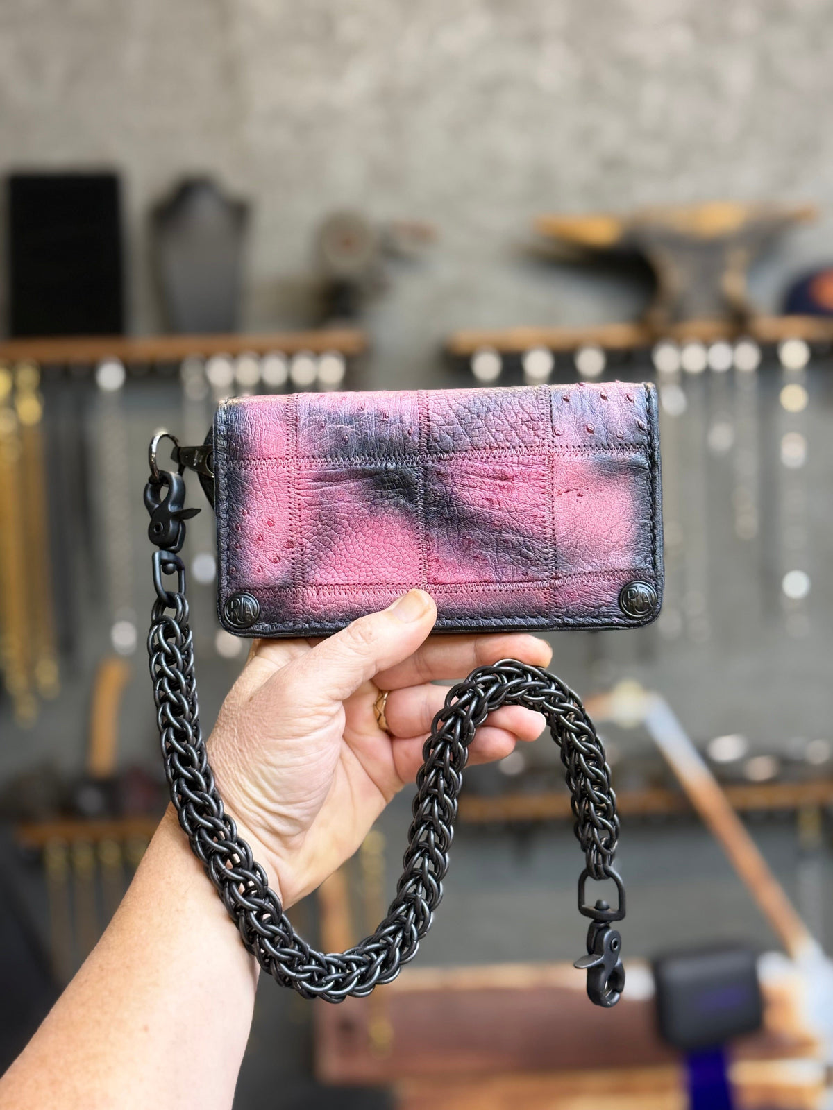 Long 5G Biker Leather Chain Wallet - “Asphalt Flamingo”