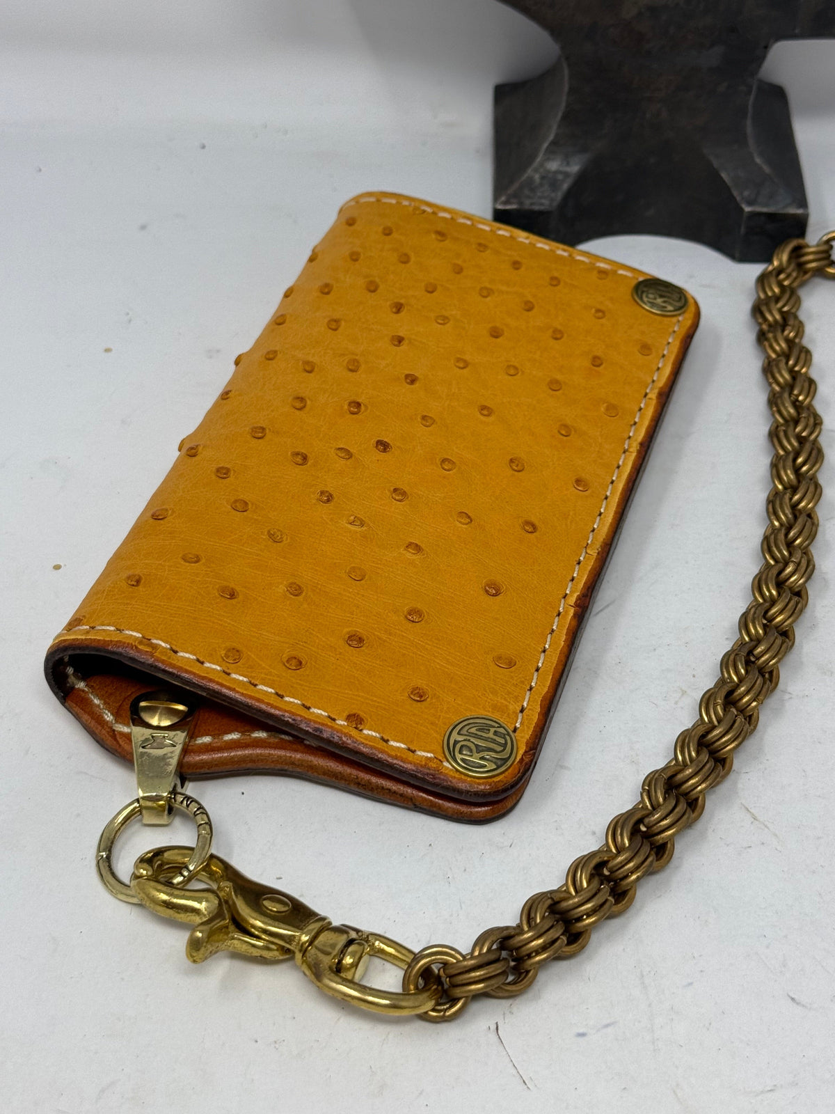 Long 5G Biker Leather Chain Wallet - Golden Ostrich Quill