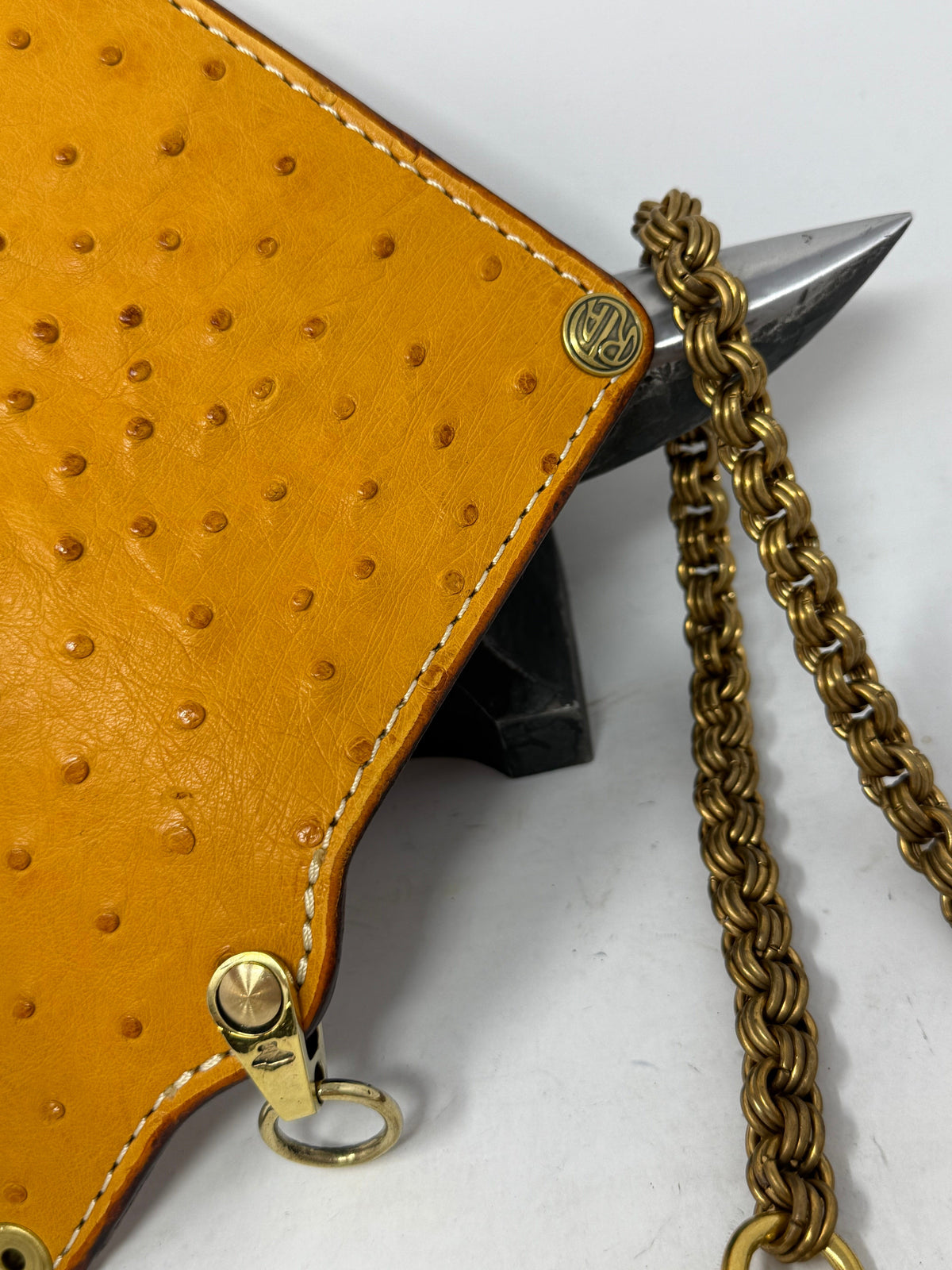 Long 5G Biker Leather Chain Wallet - Golden Ostrich Quill