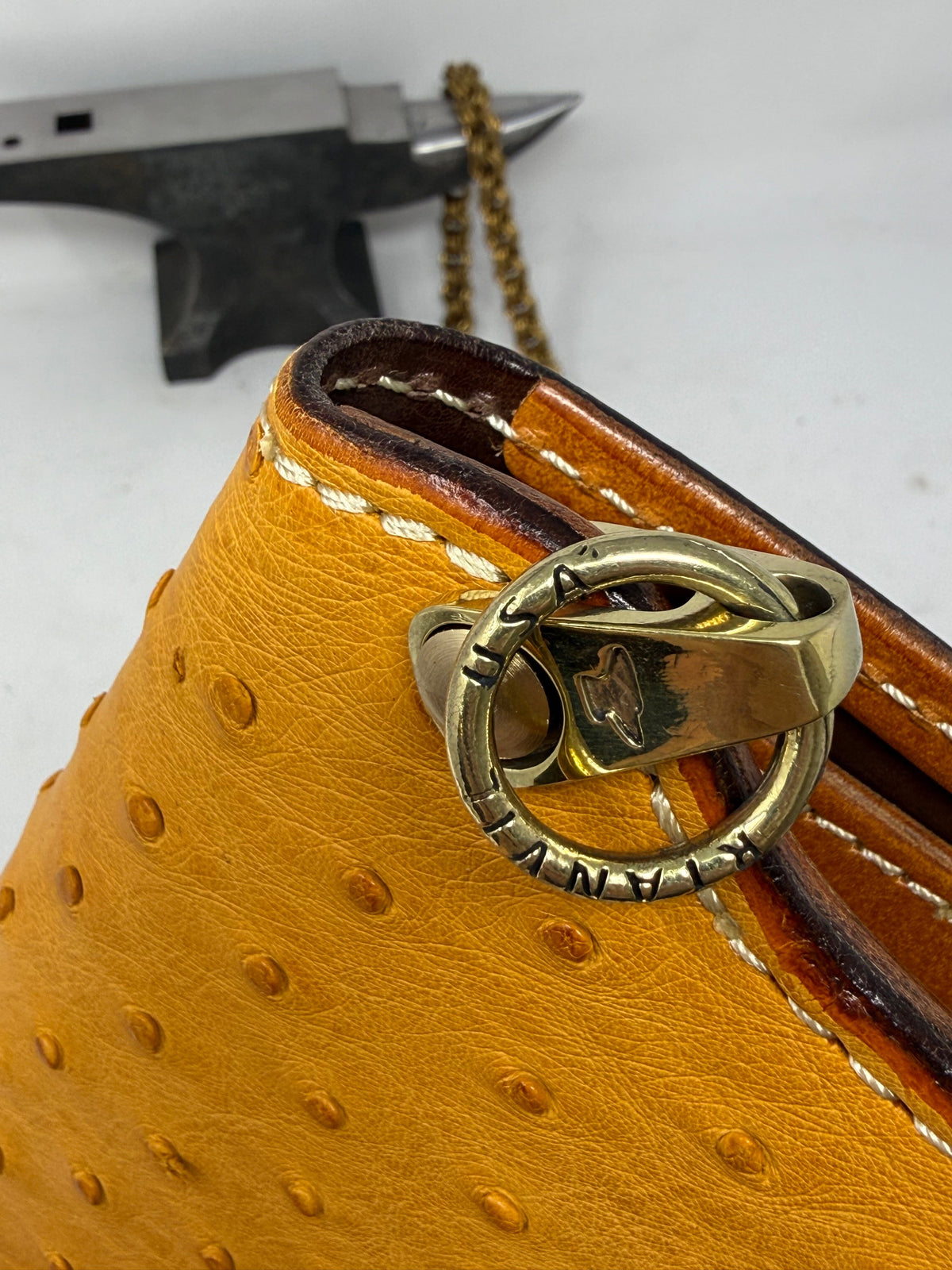 Long 5G Biker Leather Chain Wallet - Golden Ostrich Quill