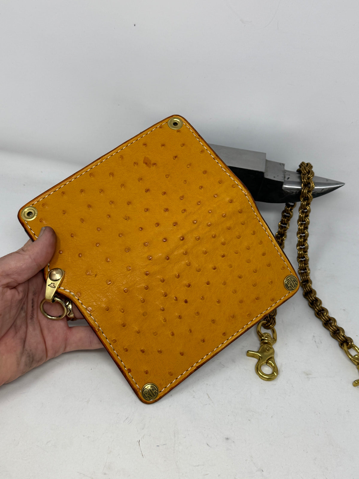 Long 5G Biker Leather Chain Wallet - Golden Ostrich Quill