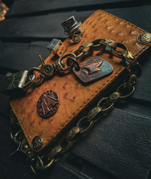 Long 5G Biker Leather Chain Wallet - Golden Ostrich Quill