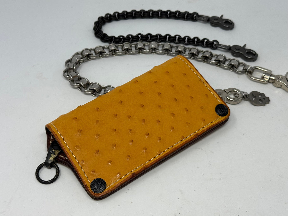 Long 5G Biker Leather Chain Wallet - Golden Ostrich Quill