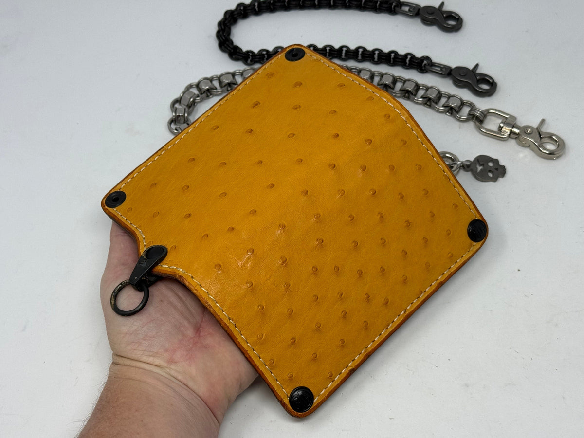 Long 5G Biker Leather Chain Wallet - Golden Ostrich Quill