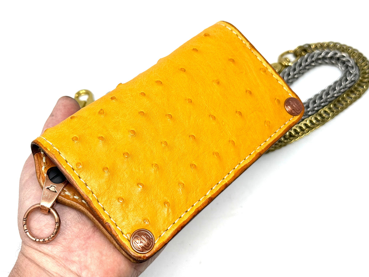 Long 5G Biker Leather Chain Wallet - Golden Ostrich Quill