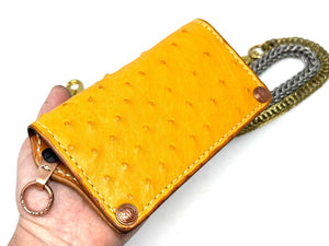 Long 5G Biker Leather Chain Wallet - Golden Ostrich Quill