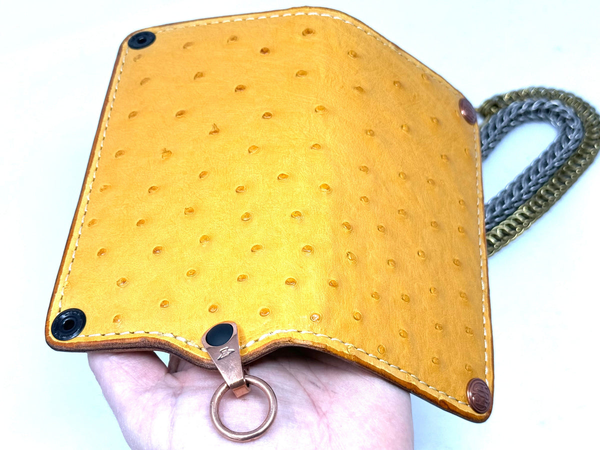 Long 5G Biker Leather Chain Wallet - Golden Ostrich Quill