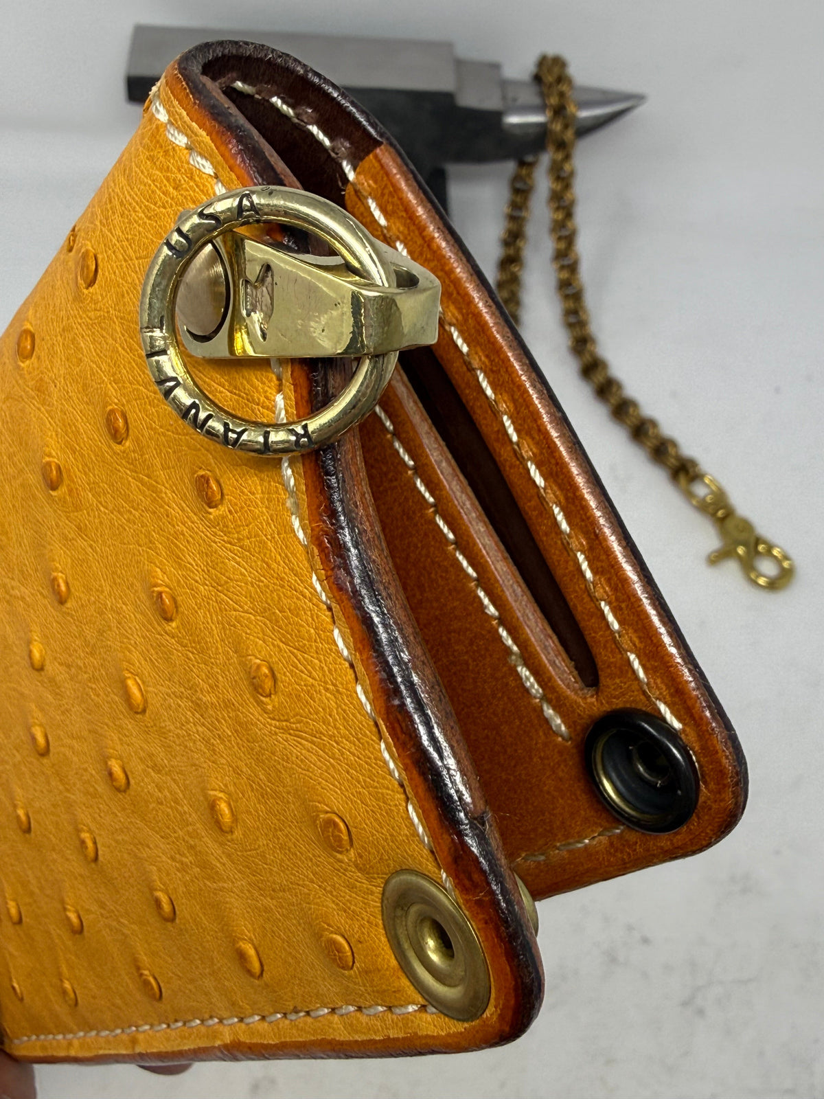 Long 5G Biker Leather Chain Wallet - Golden Ostrich Quill