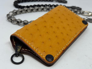 Long 5G Biker Leather Chain Wallet - Golden Ostrich Quill