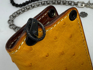 Long 5G Biker Leather Chain Wallet - Golden Ostrich Quill