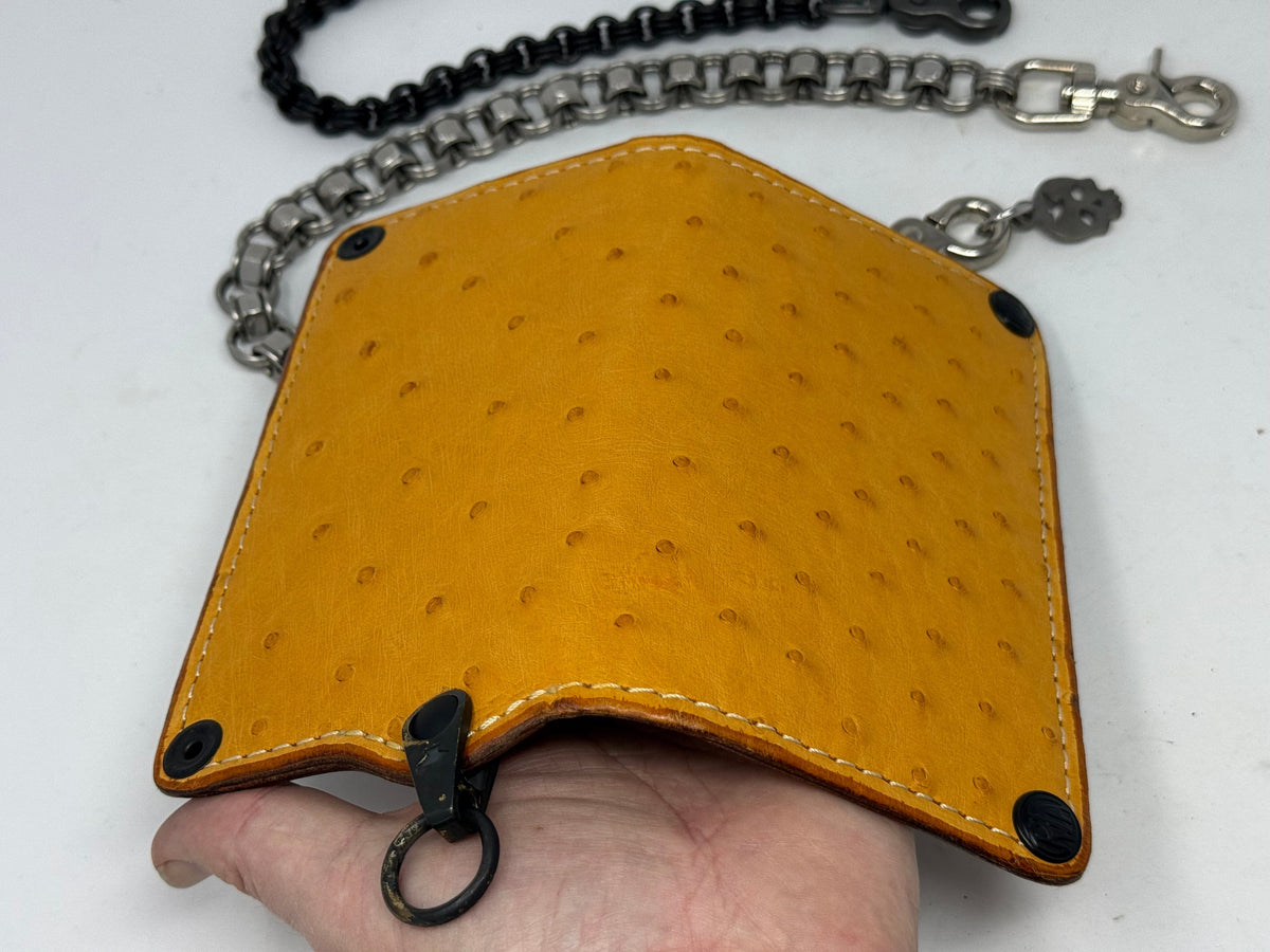 Long 5G Biker Leather Chain Wallet - Golden Ostrich Quill