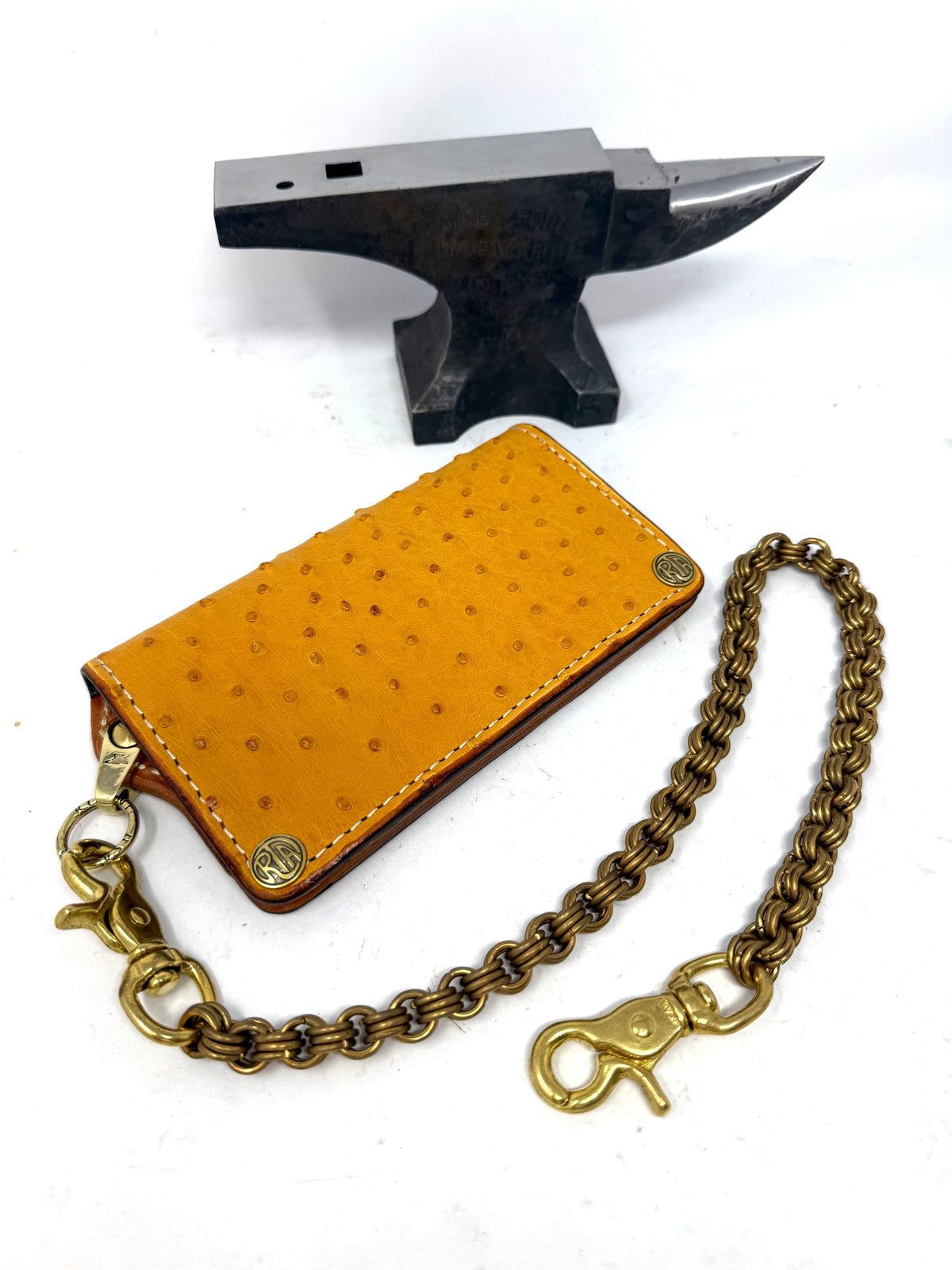 Long 5G Biker Leather Chain Wallet - Golden Ostrich Quill