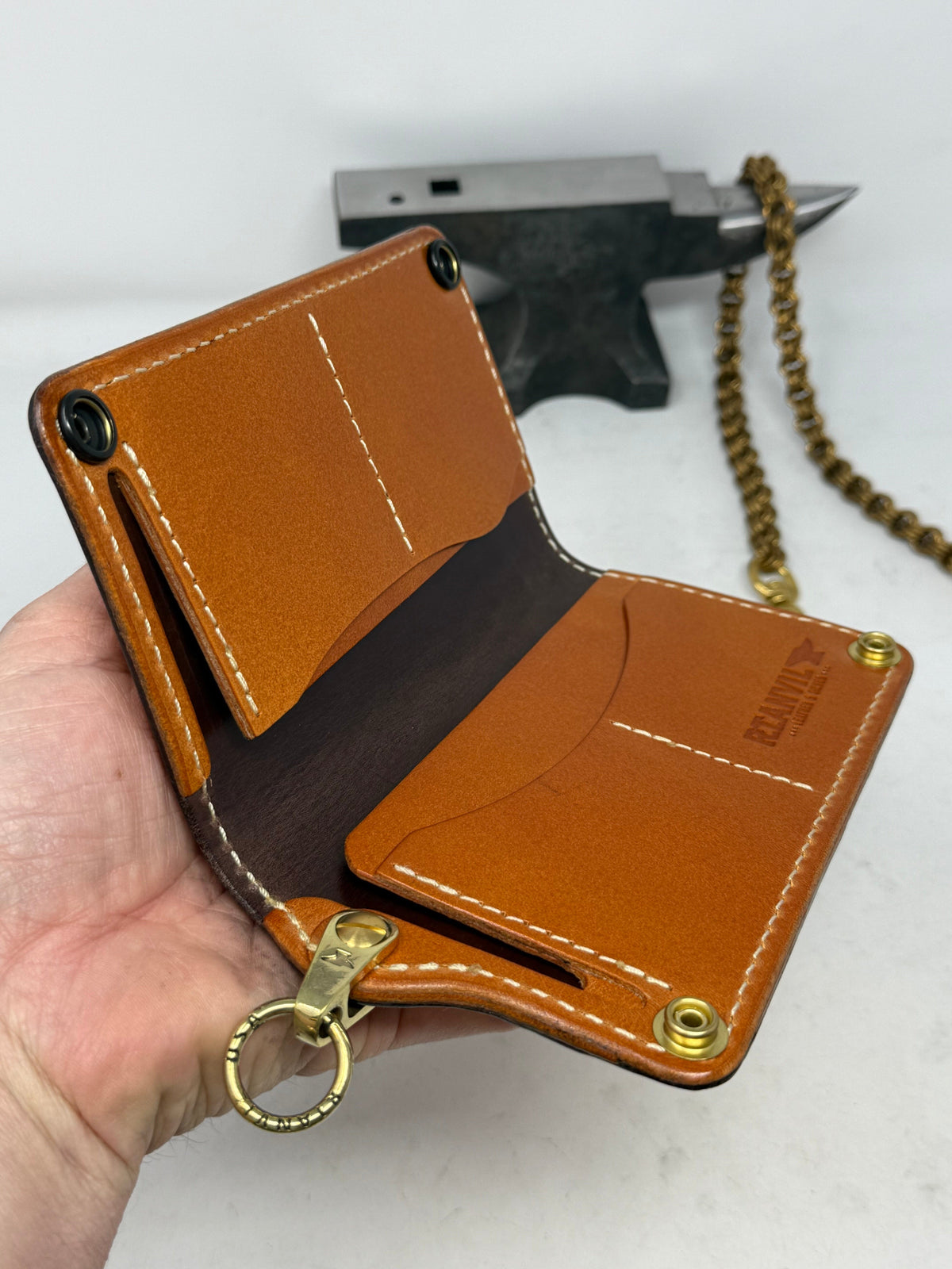 Long 5G Biker Leather Chain Wallet - Golden Ostrich Quill