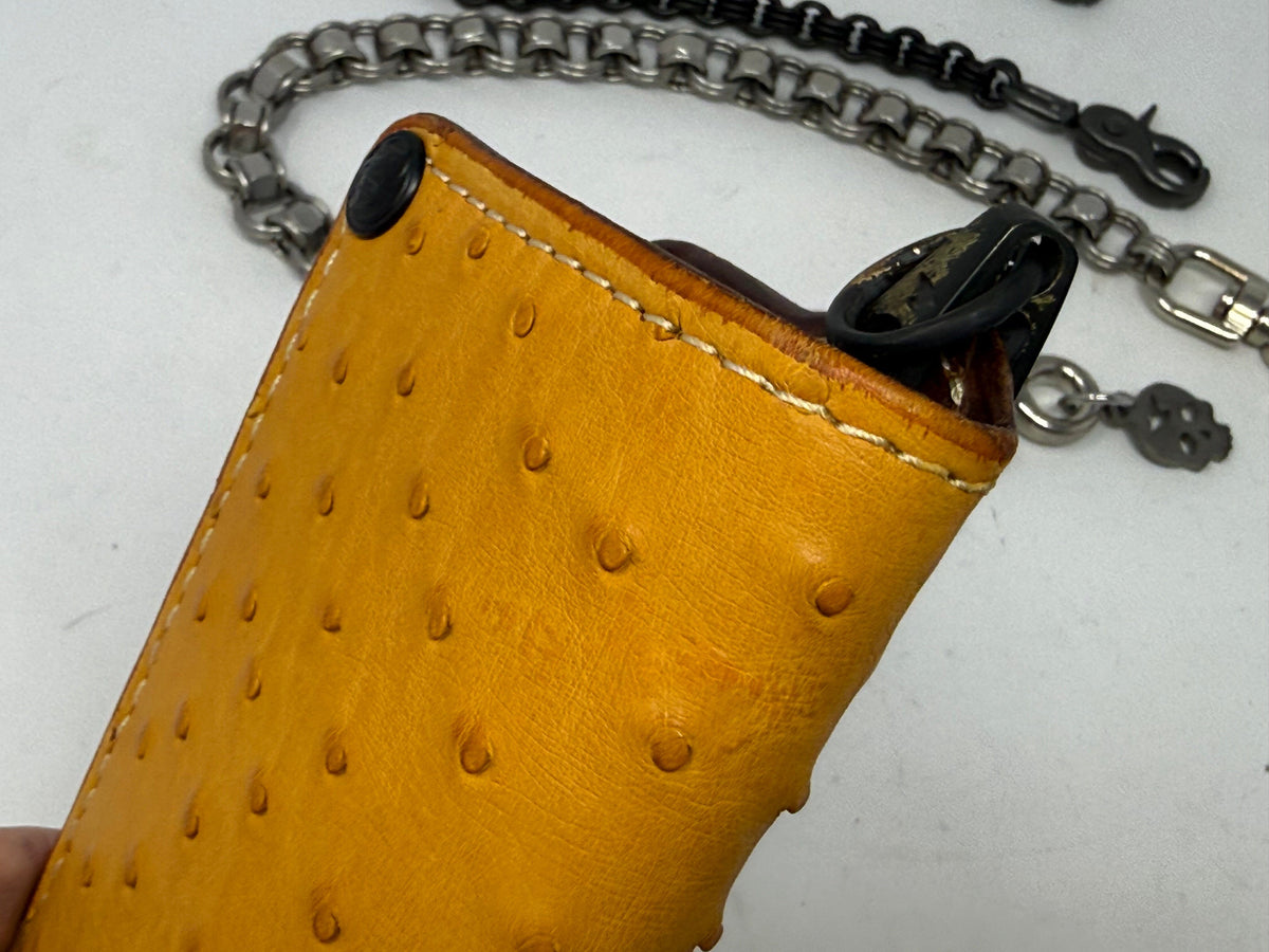 Long 5G Biker Leather Chain Wallet - Golden Ostrich Quill
