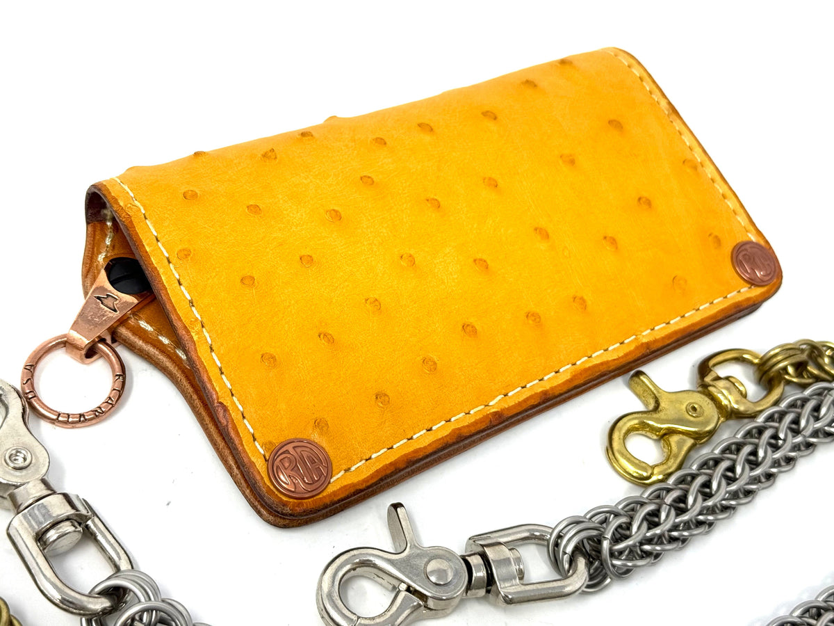 Long 5G Biker Leather Chain Wallet - Golden Ostrich Quill