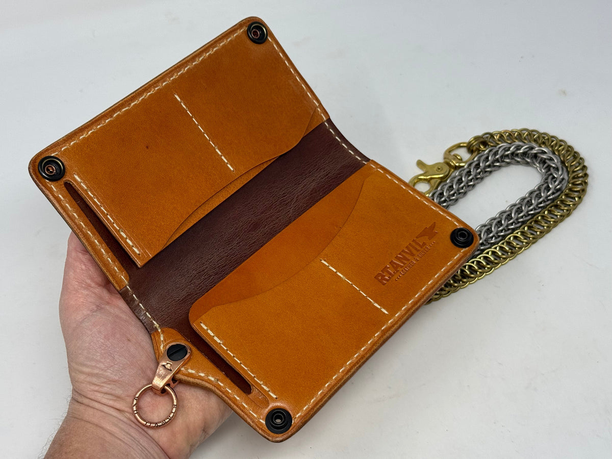 Long 5G Biker Leather Chain Wallet - Golden Ostrich Quill