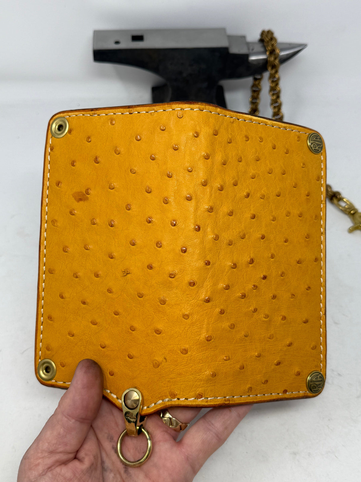 Long 5G Biker Leather Chain Wallet - Golden Ostrich Quill