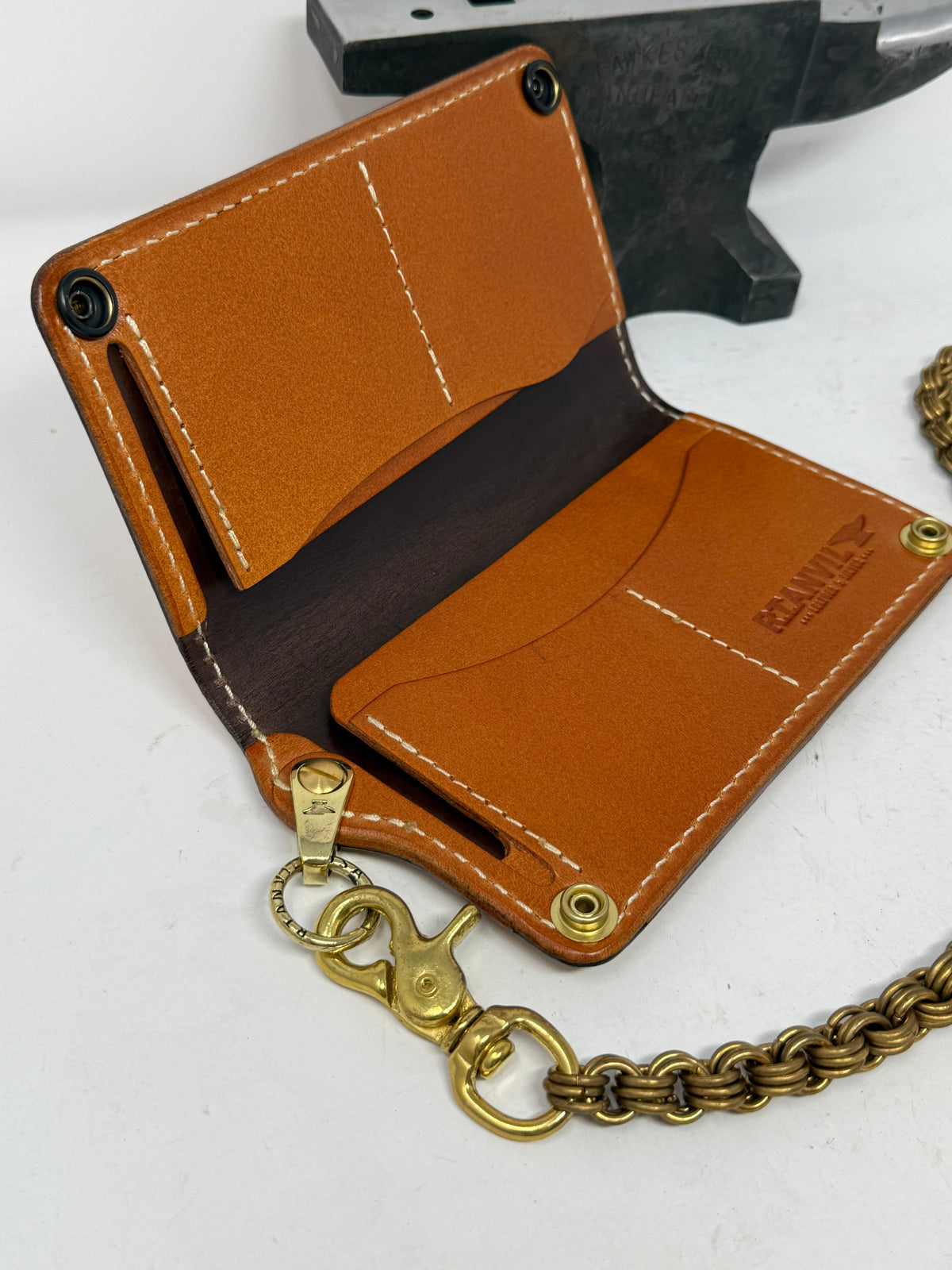Long 5G Biker Leather Chain Wallet - Golden Ostrich Quill
