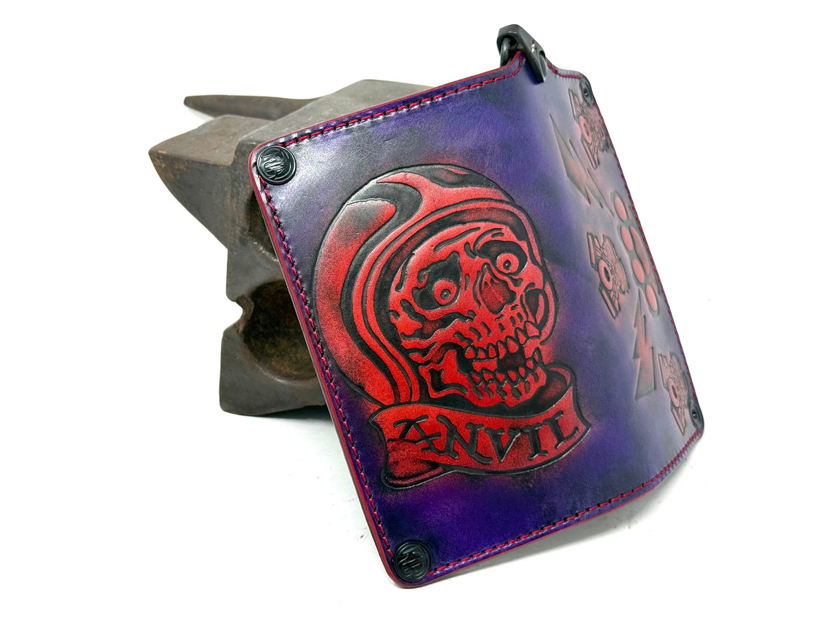 Long 5G Biker Leather Chain Wallet - Purp/Red Anvil Rider Skully